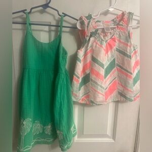Gymboree Pink and Green Chevron Top and Old Navy Green Palm Tree Dress